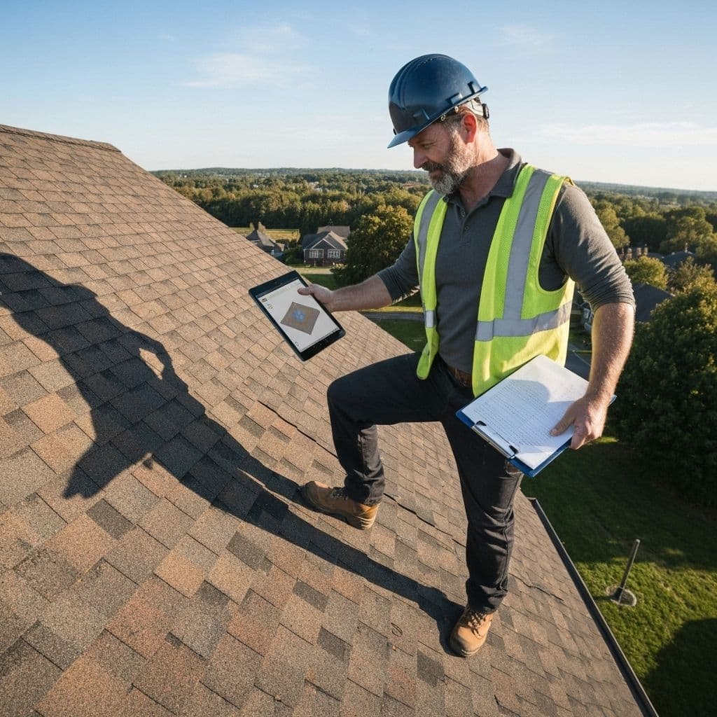 Professional roofer on roof with inspection report and tablet
